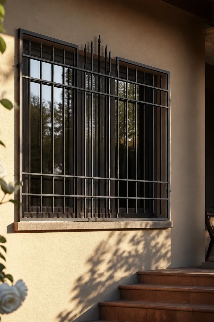 Black grill with a basic grid and taller vertical spikes in the center