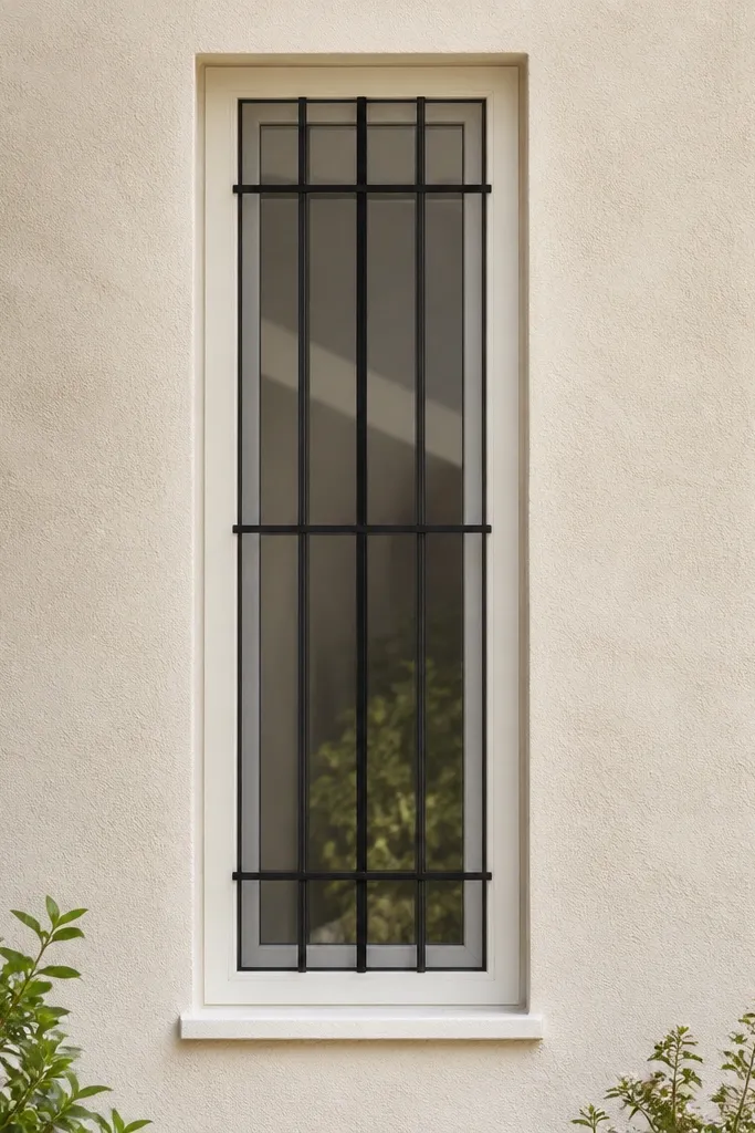 Matte black tall window grill with horizontal crossbars spaced evenly at intervals