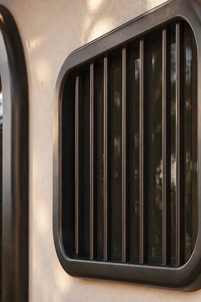 Black window grill with softly rounded corners and vertical bars