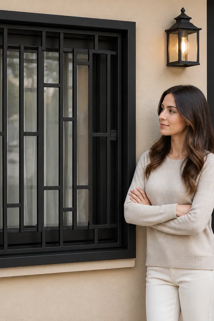 Black window grill with an inner grid offset behind an outer frame