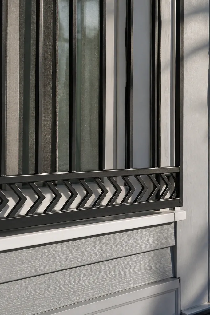 Black window grill with chevron pattern only on the bottom strip