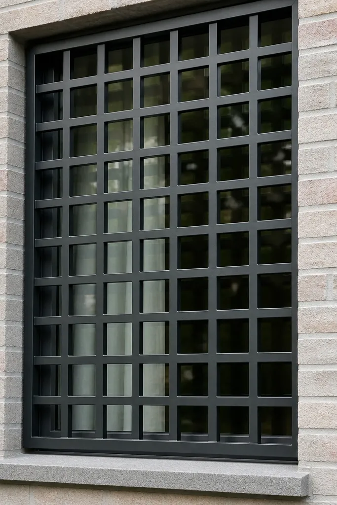 Matte black window grill with small square grid blocks inside a frame