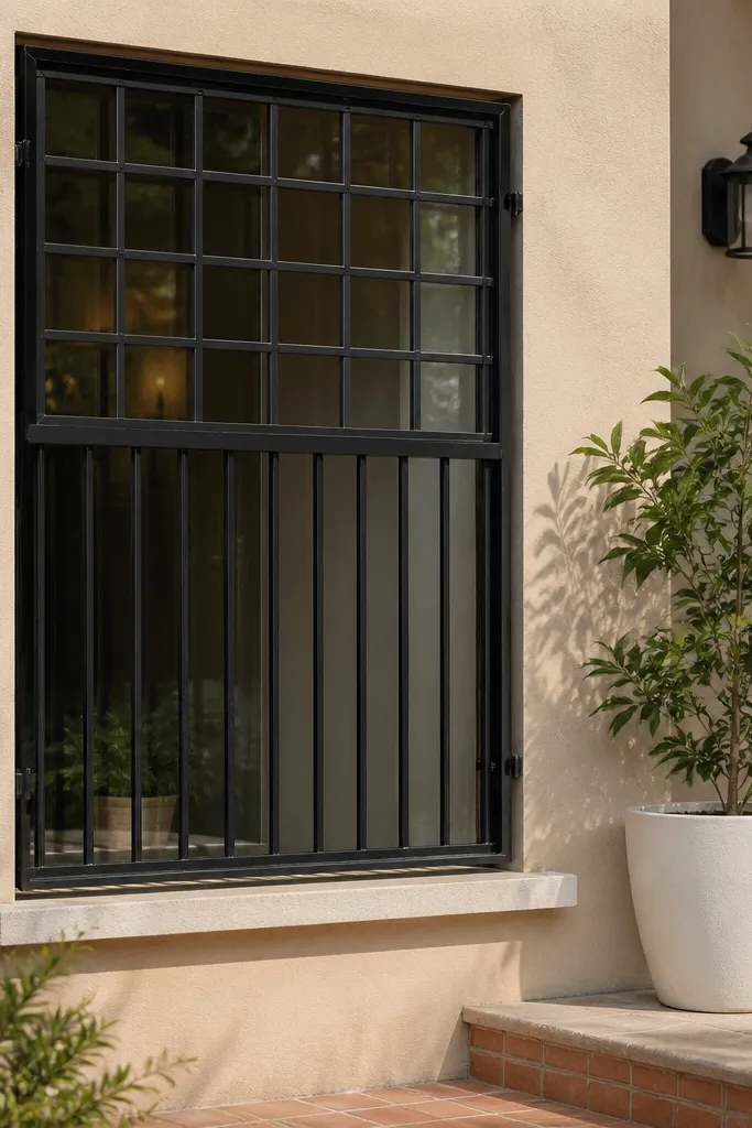 Black window grill with cross grid in the top half and vertical bars in the bottom half