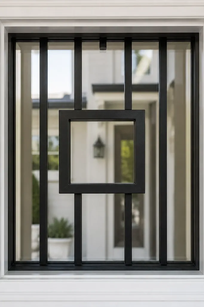 Black window grill with a single square outline in the center and vertical bars on both sides