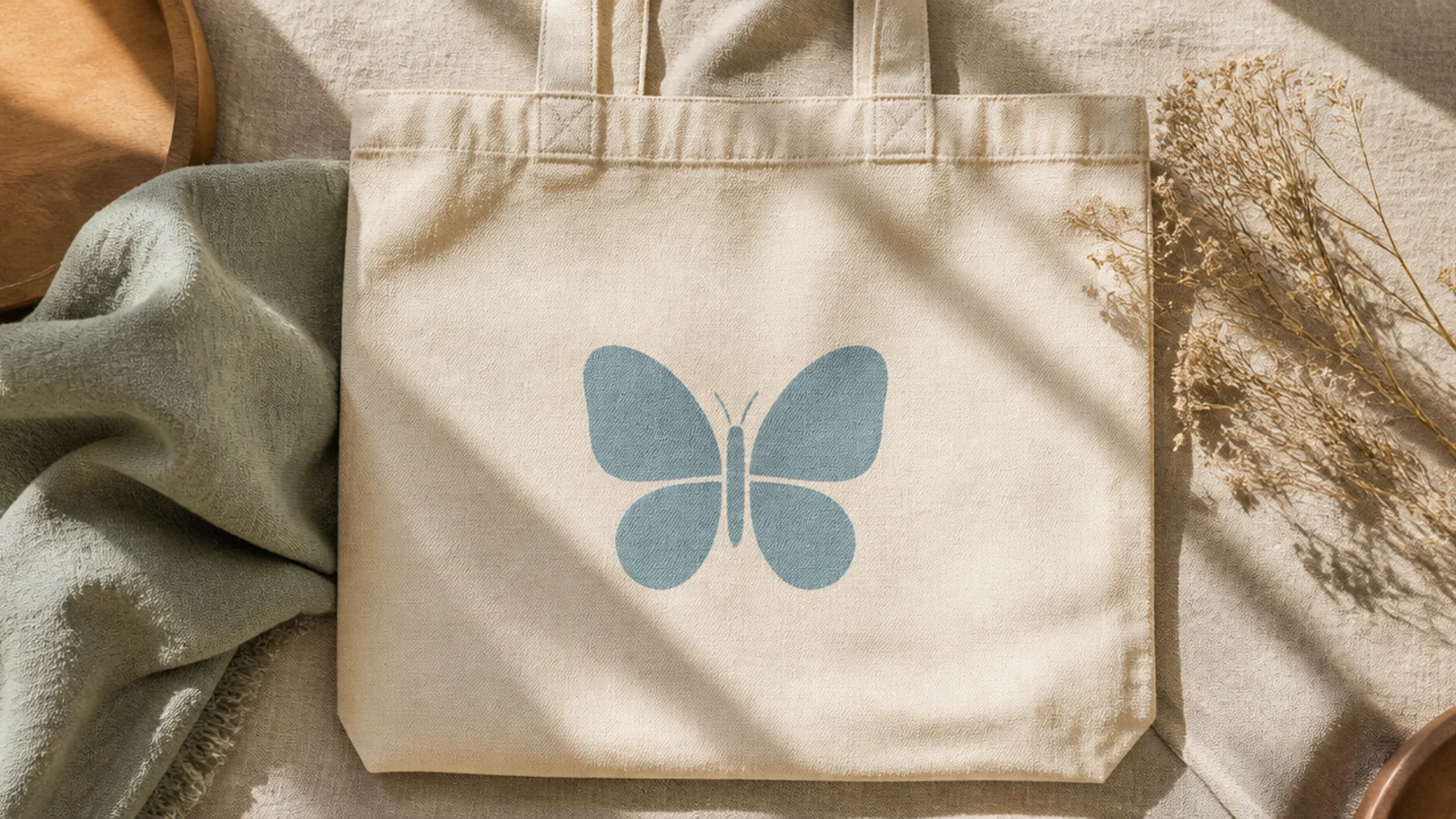 A cream canvas tote with a simple butterfly of four rounded dusty-blue wings around a slim body centered on the front.