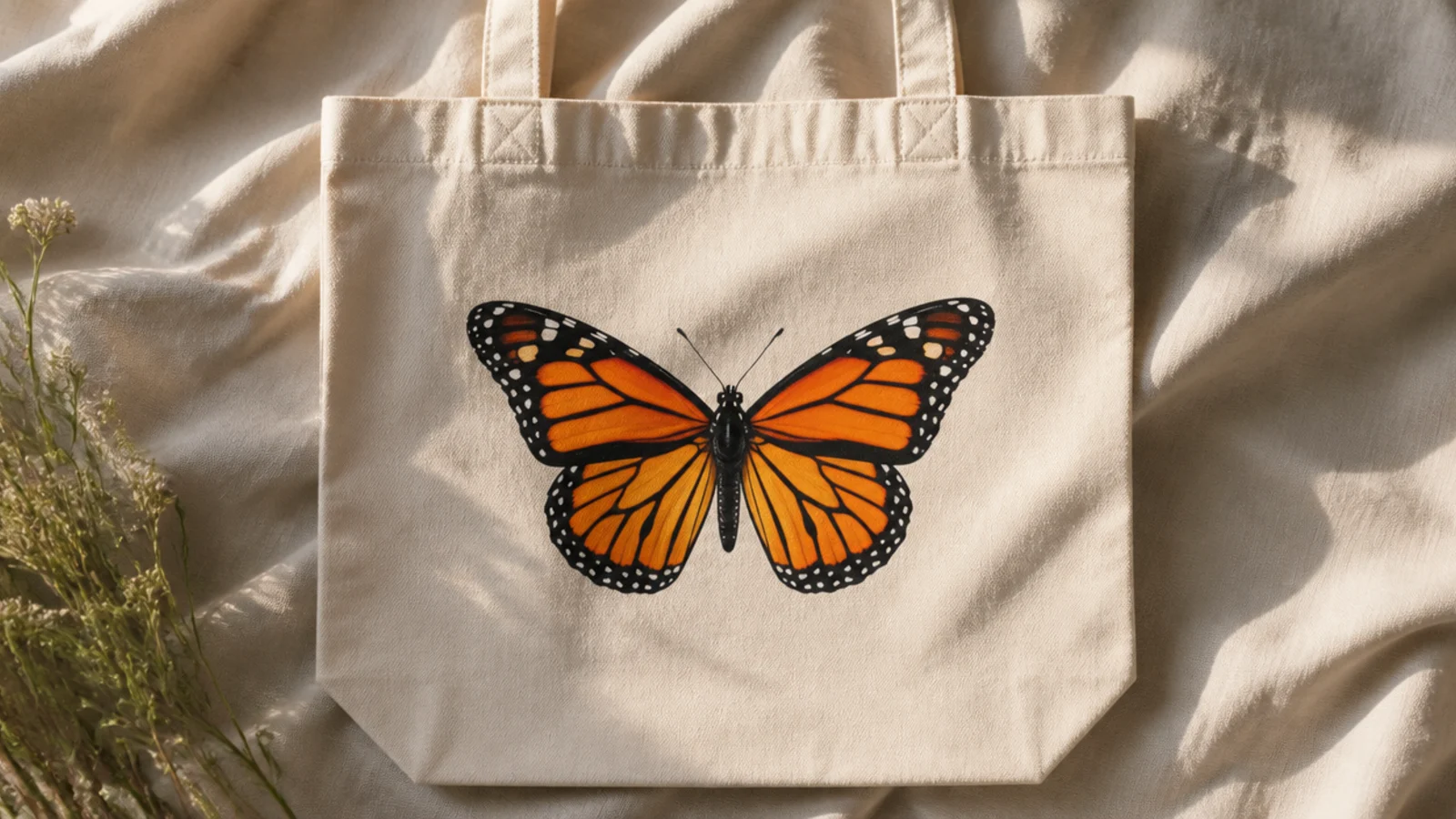A cream canvas tote with a classic monarch butterfly, orange wings with black veins and white-dotted black borders, centered.