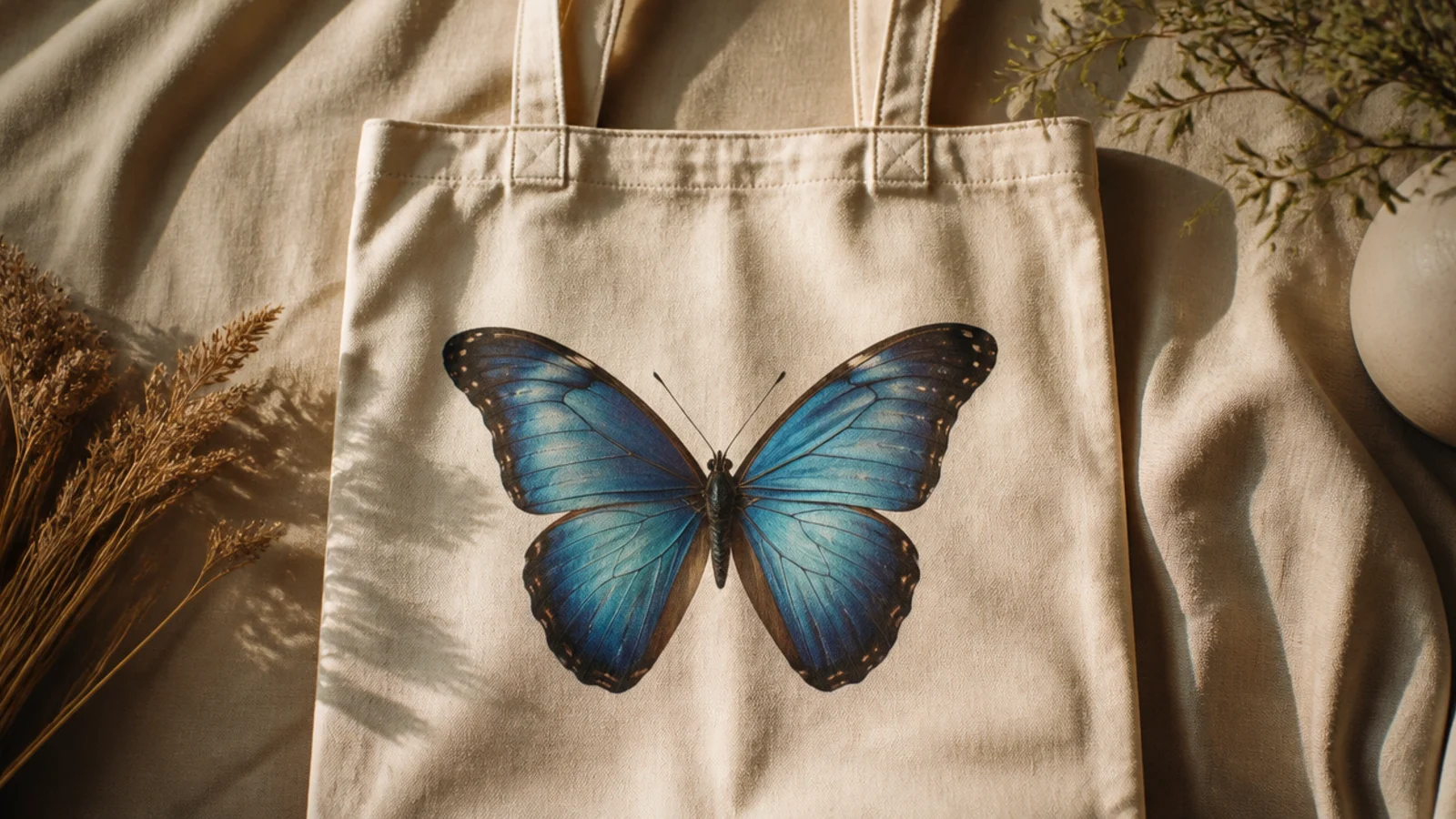 A cream canvas tote with a large blue morpho butterfly, iridescent blue wings fading to dark edges, centered on the front.