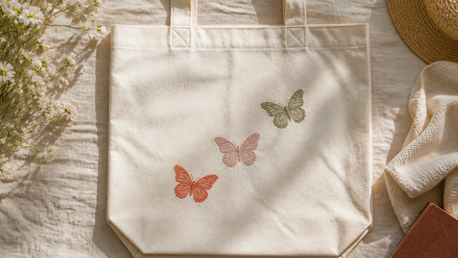 A cream canvas tote with three small butterflies in coral, blush, and sage rising diagonally across the front as if in flight.