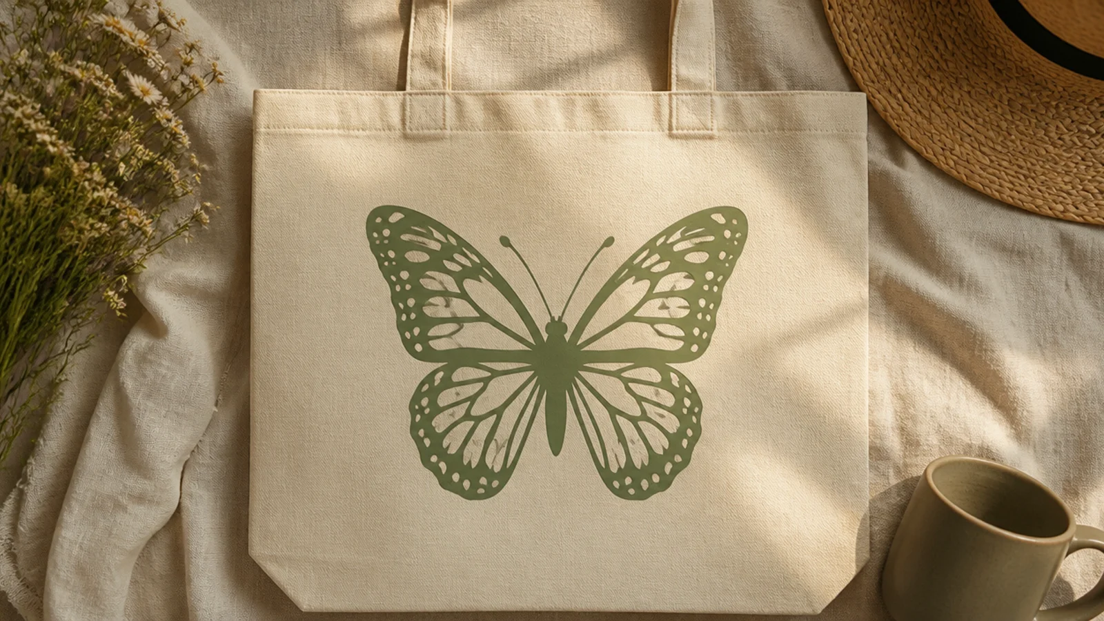 A cream canvas tote with a perfectly symmetrical sage butterfly with crisp cut-out wing patterns centered on the front.