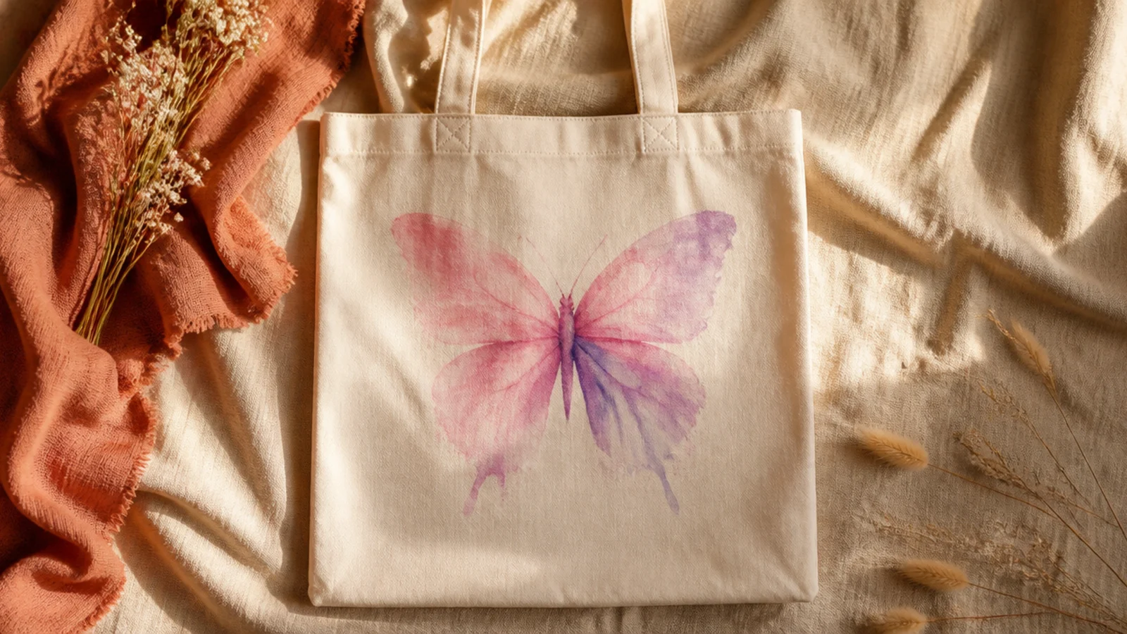 A cream canvas tote with a soft watercolor-style butterfly in blush and lilac with dreamy blended wings and no hard outline.