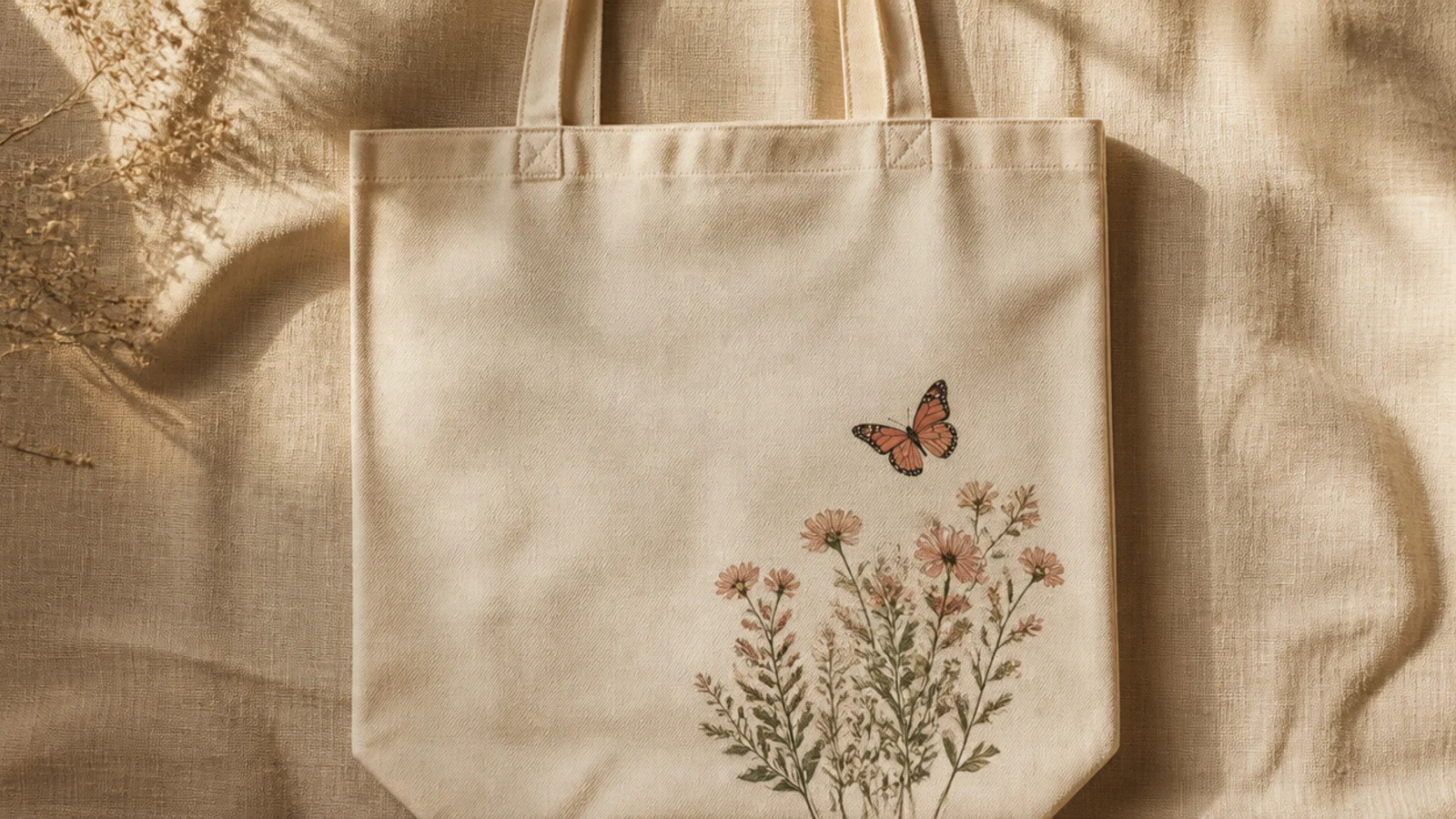A cream canvas tote with a coral butterfly hovering over a small cluster of dusty-pink and sage wildflowers on the lower front.