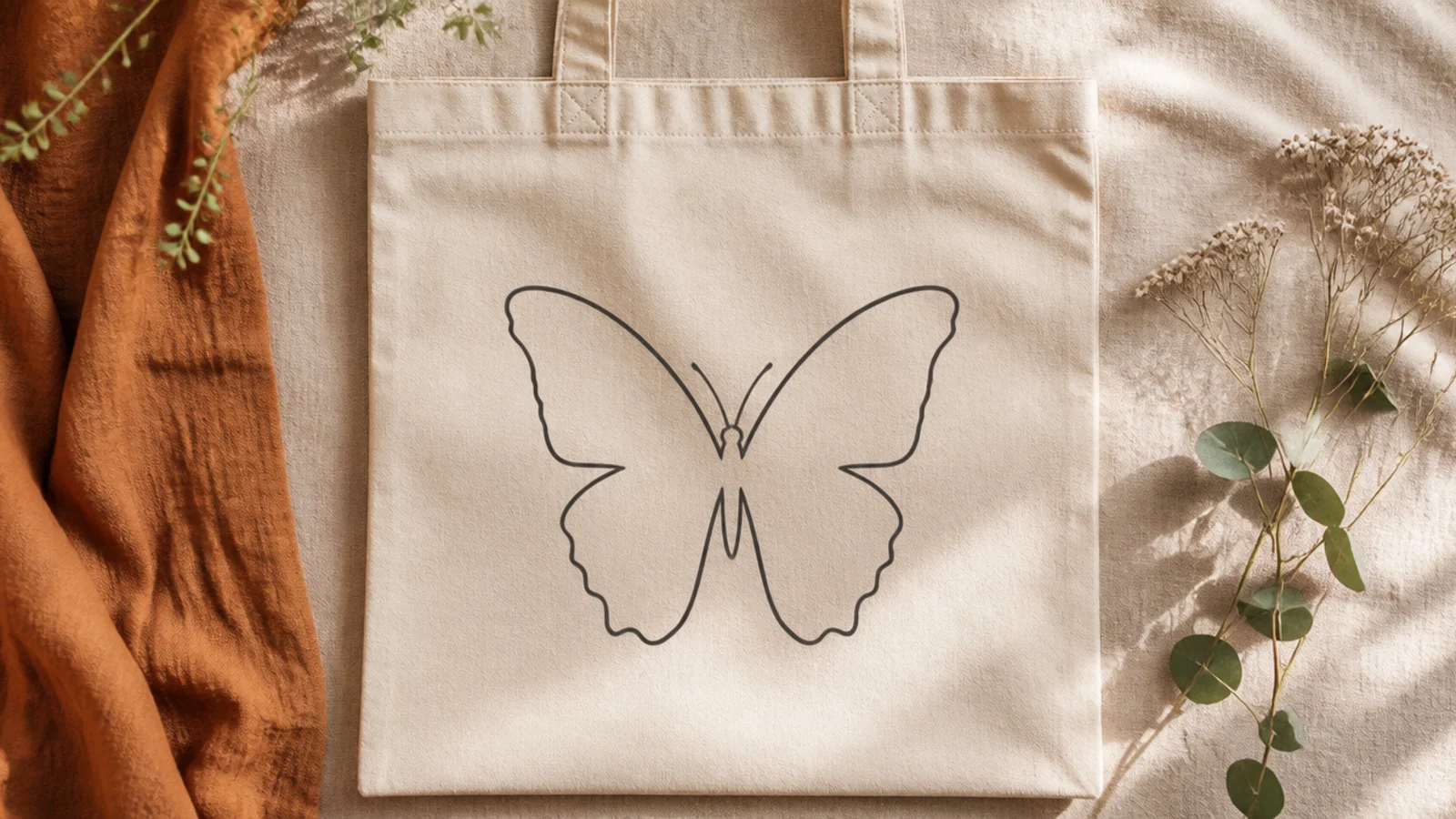 A cream canvas tote with a minimalist single-color butterfly outline in charcoal, wings unfilled, on the center front.