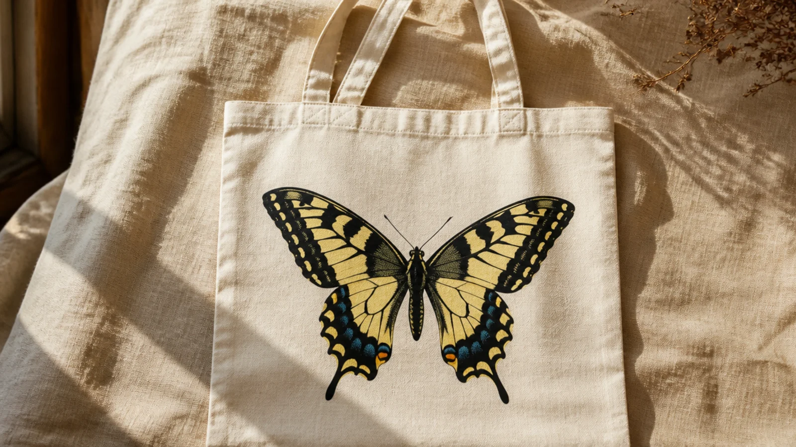A cream canvas tote with a yellow-and-black swallowtail butterfly with distinctive tailed lower wings centered on the front.