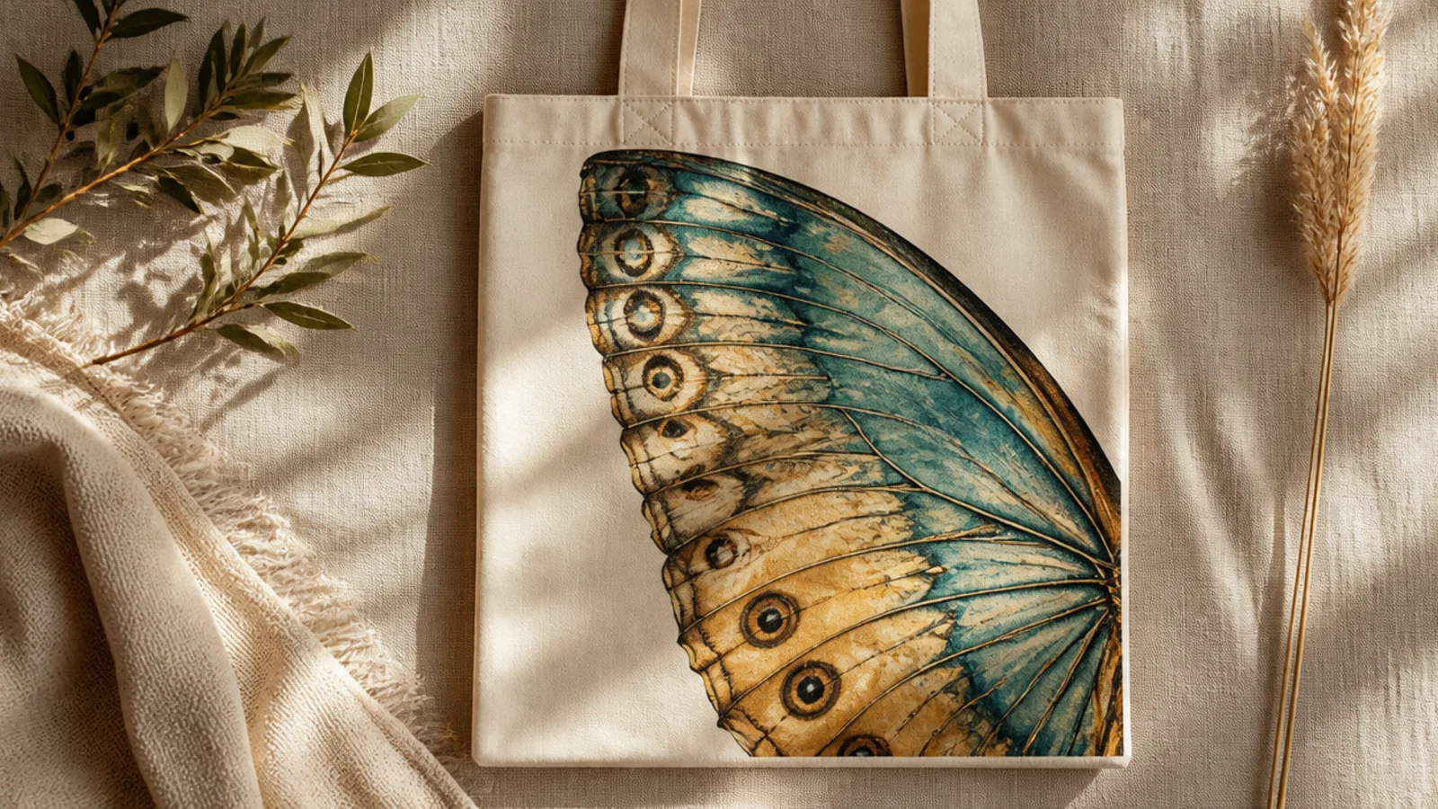 A cream canvas tote with one large detailed butterfly wing in teal and gold filling most of the front, veins and eyespots visible.