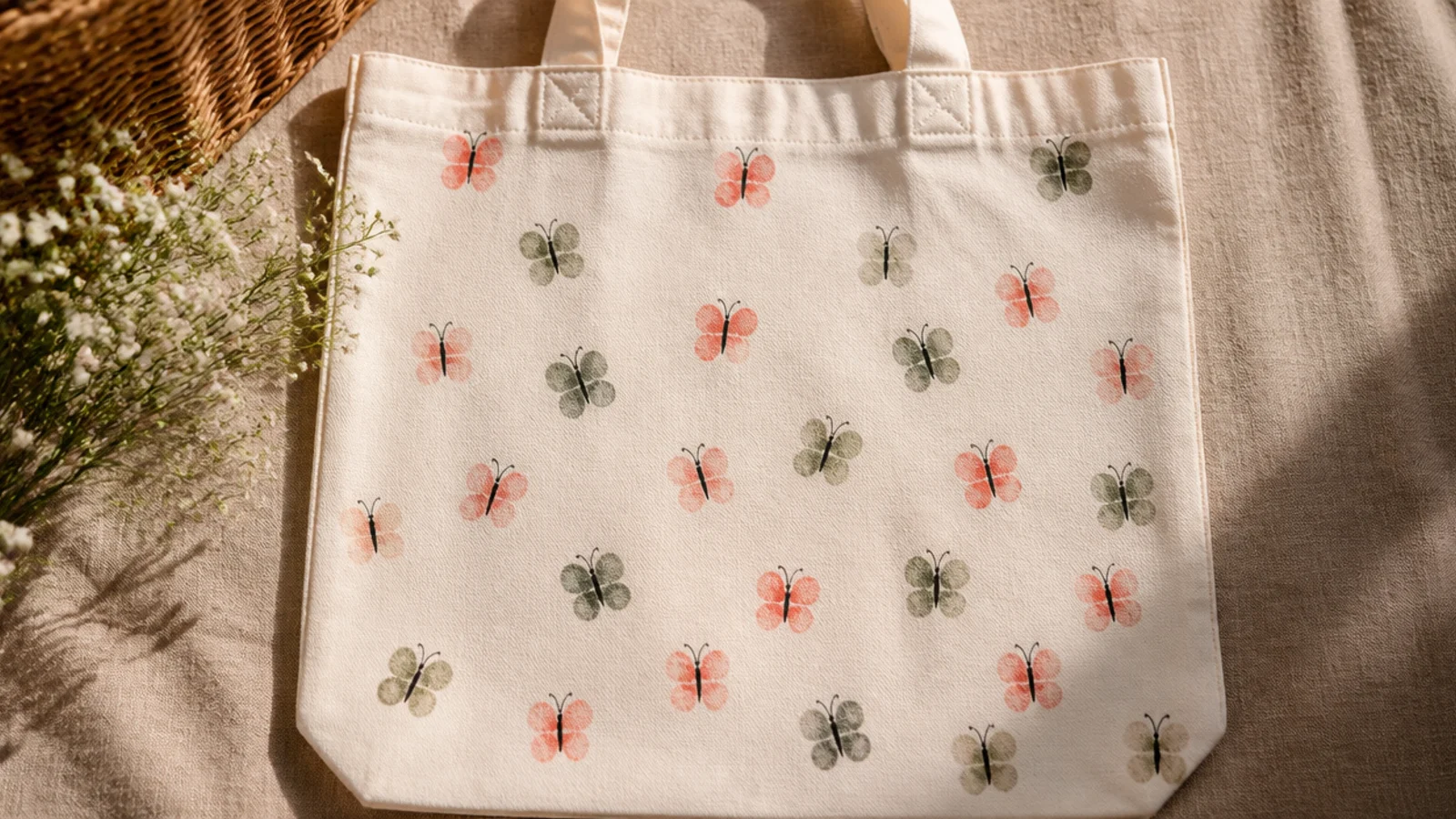 A cream canvas tote with a scatter of tiny butterflies made from pairs of thumbprints in coral, blush, and sage with drawn bodies.