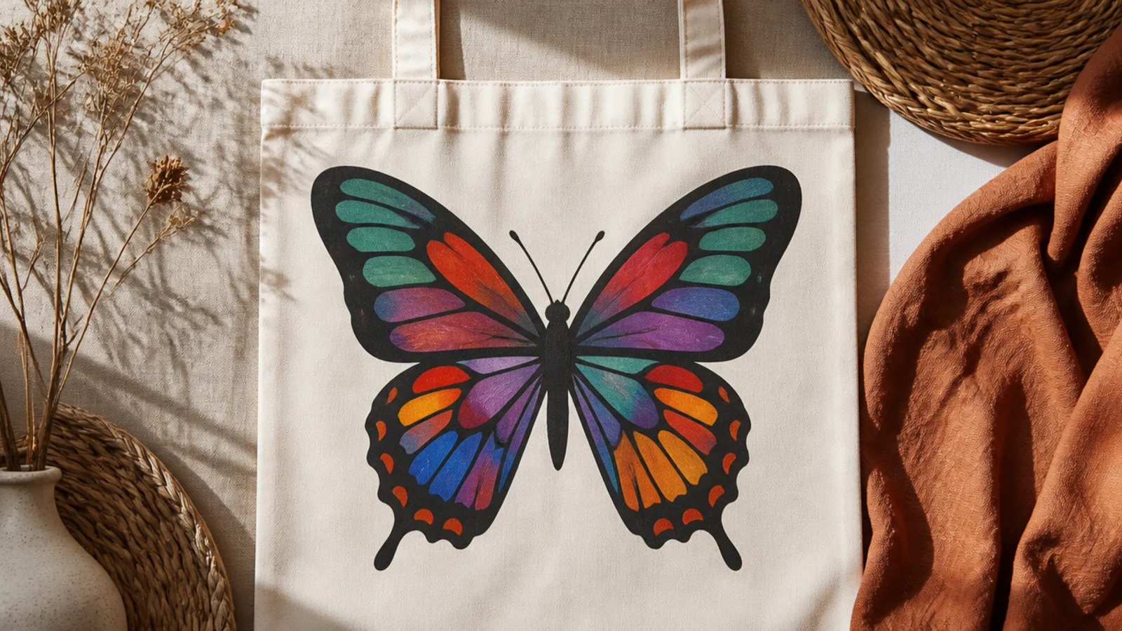 A cream canvas tote with a bold butterfly whose wings are divided into jewel-toned segments by thick black lines like stained glass.