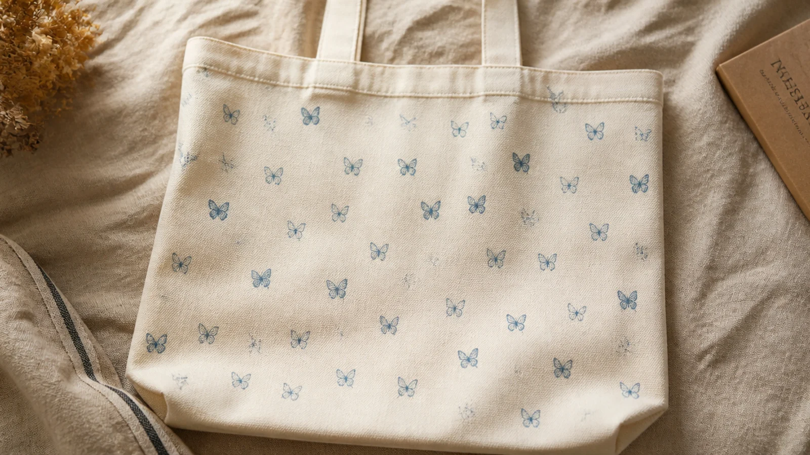 A cream canvas tote with a swarm of many tiny simple butterflies in soft dusty blue scattered lightly across the whole front.