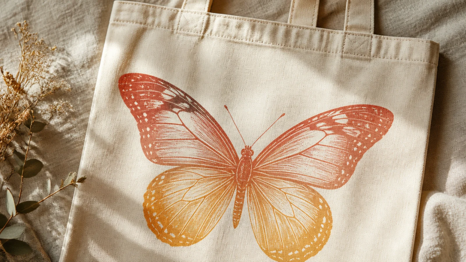 A cream canvas tote with a large butterfly whose wings fade from coral at the top to gold at the bottom in a smooth gradient.