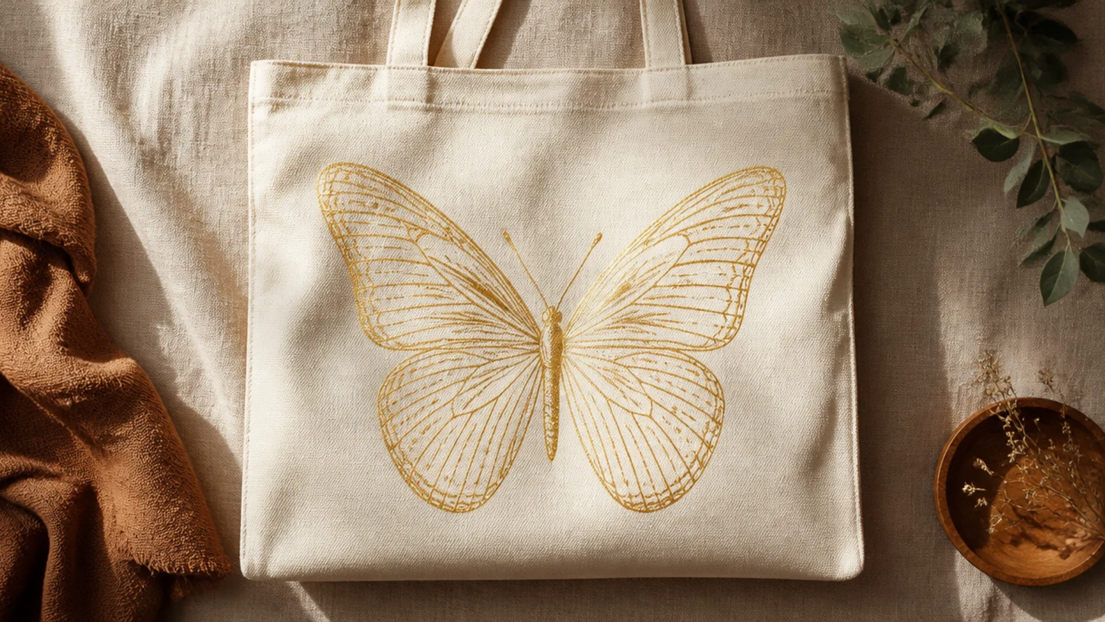 A cream canvas tote with an elegant butterfly drawn entirely in fine metallic gold lines, wings detailed with delicate gold veins.
