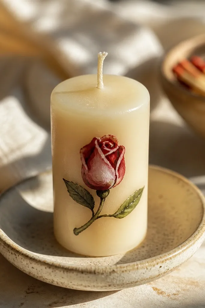 Small rose bud on a cream candle with deep red and light pink petals