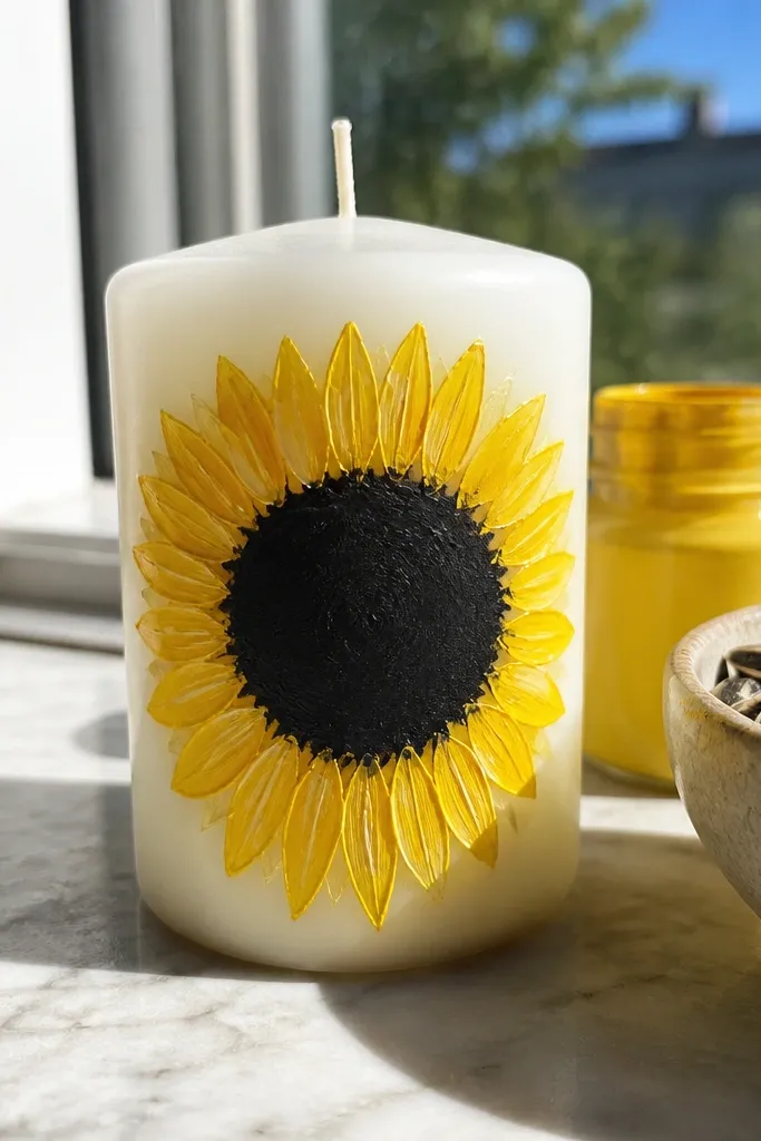 Yellow sunflower with a dark center ring and short petal strokes