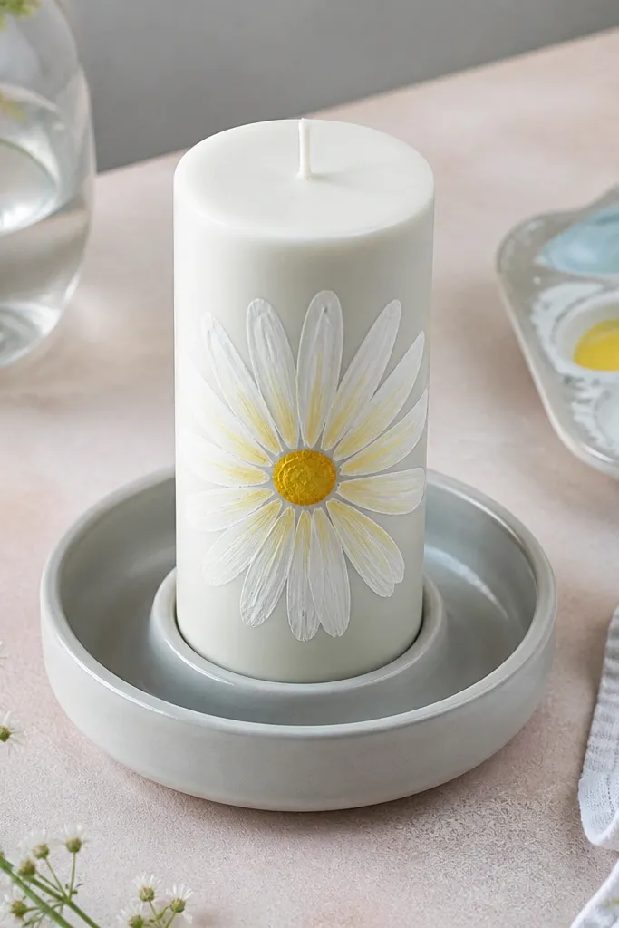 White daisy petals with a yellow dot center on a light blue candle