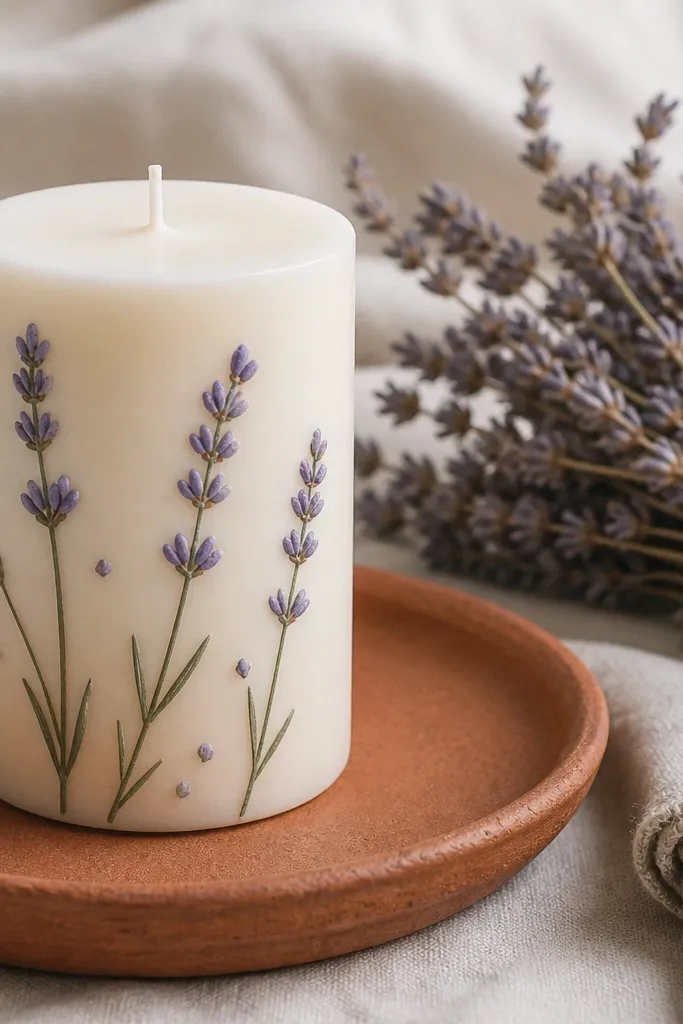 Purple lavender sprig with small bud clusters and green stems