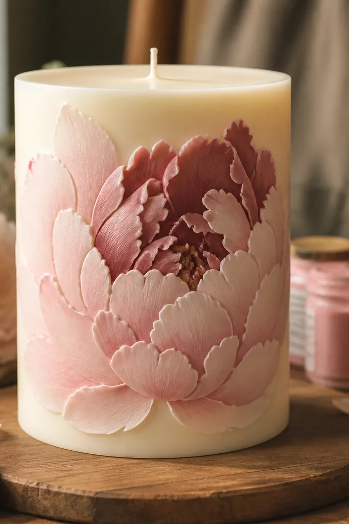 Pink peony flower with layered scalloped petals and darker petal edges