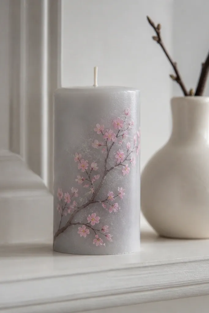 Soft pink cherry blossoms scattered on a white candle with a thin branch line