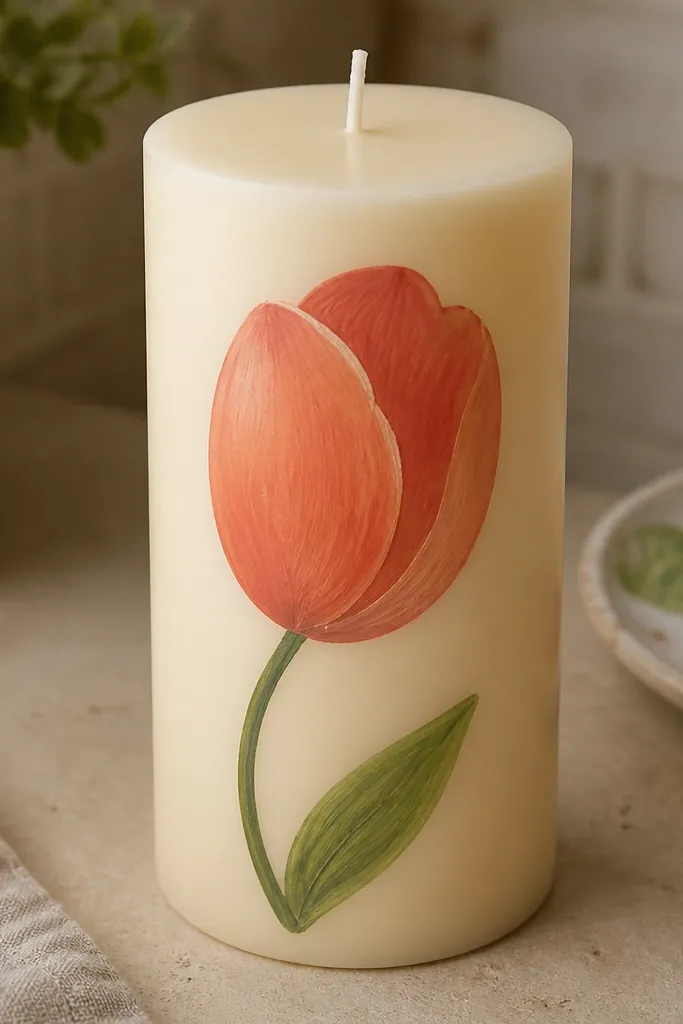 Single tulip with an orange petal and green stem on a cream candle