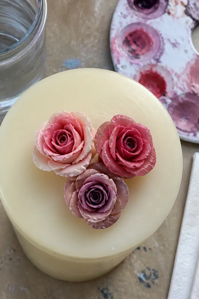 Three small roses in pink and red on a white candle with green leaf marks