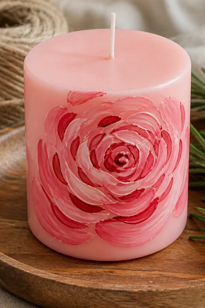 Wild rose with curved petals in red and blush pink on a beige candle