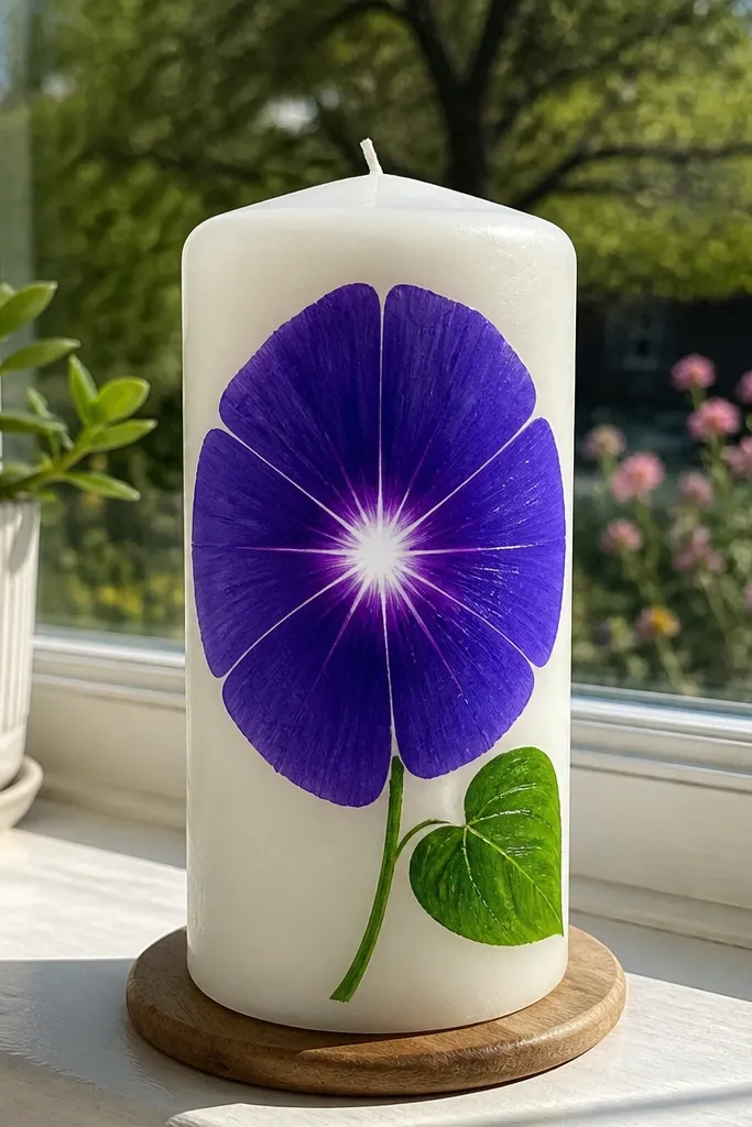 Purple morning glory flower with a small white star center and green stem