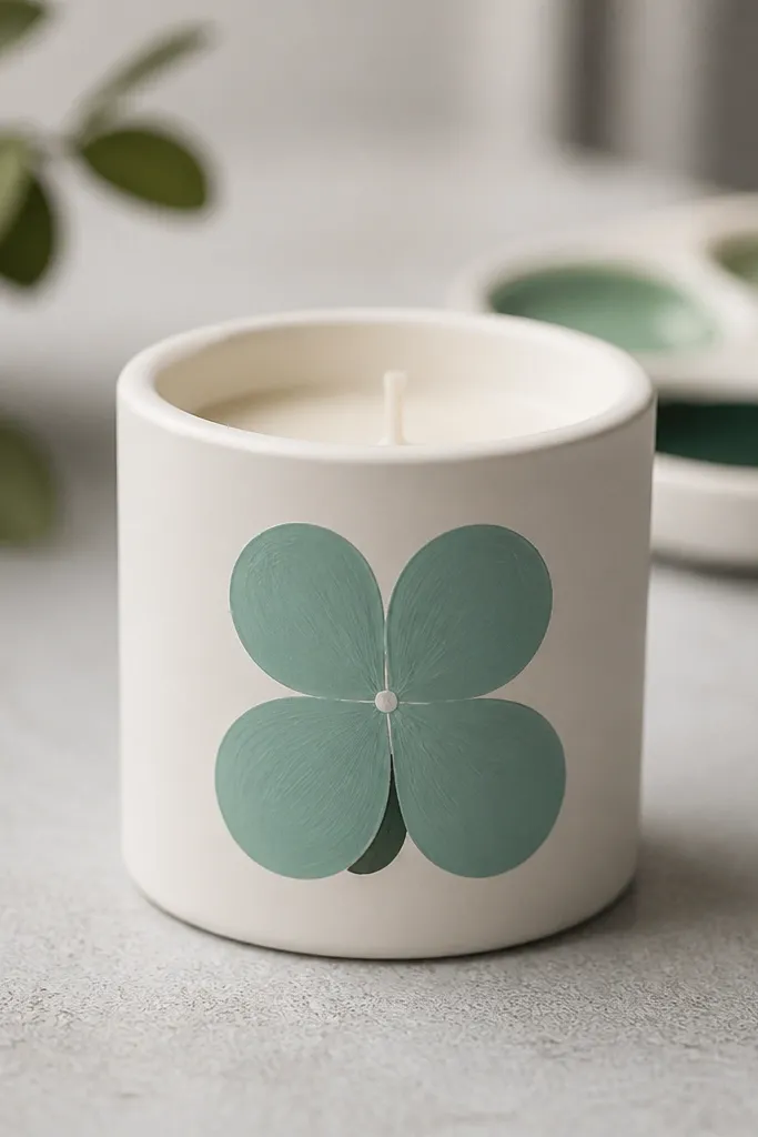 Four-petal clover flower in mint and white on a light candle