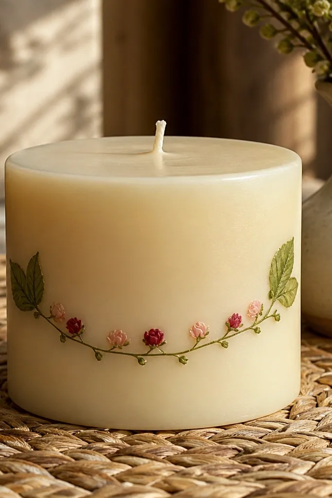 Rosebud vine wrapping a candle with small buds and two green leaves
