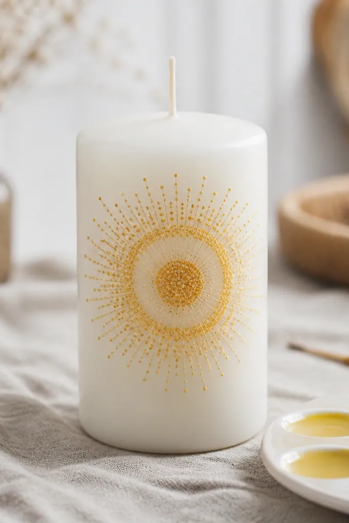 Dandelion clock on a candle with a yellow center and fine seed dot rays