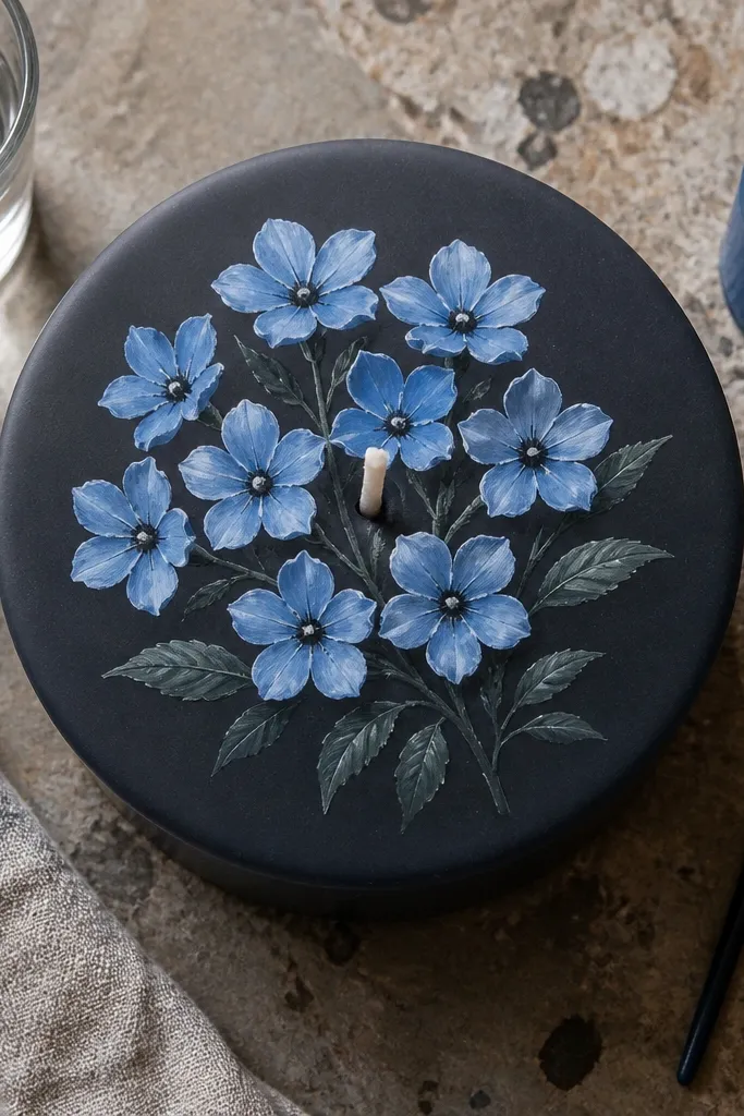 Small pale-blue five-petal flower cluster with dark center dots