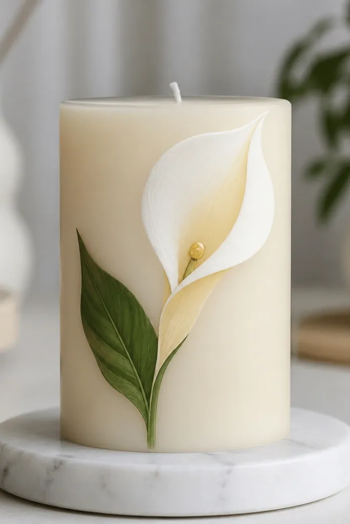 White calla lily with a soft yellow dot center and green leaf on a candle