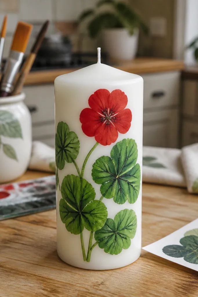 Geranium-style leaf and one red flower on a candle with green stems