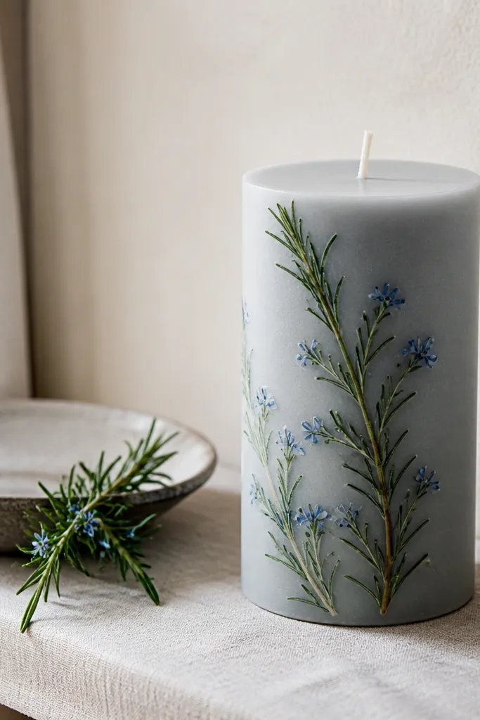 Soft blue rosemary-like sprig with tiny blooms and needle leaves