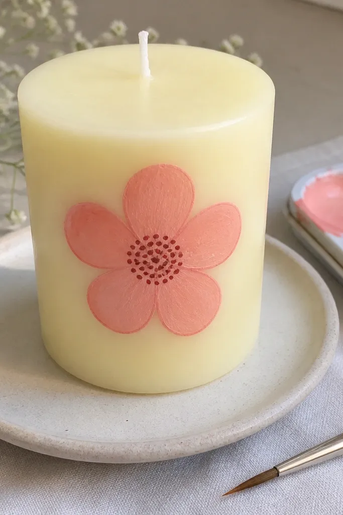 Candle painted with a strawberry blossom and tiny seed dots in the center