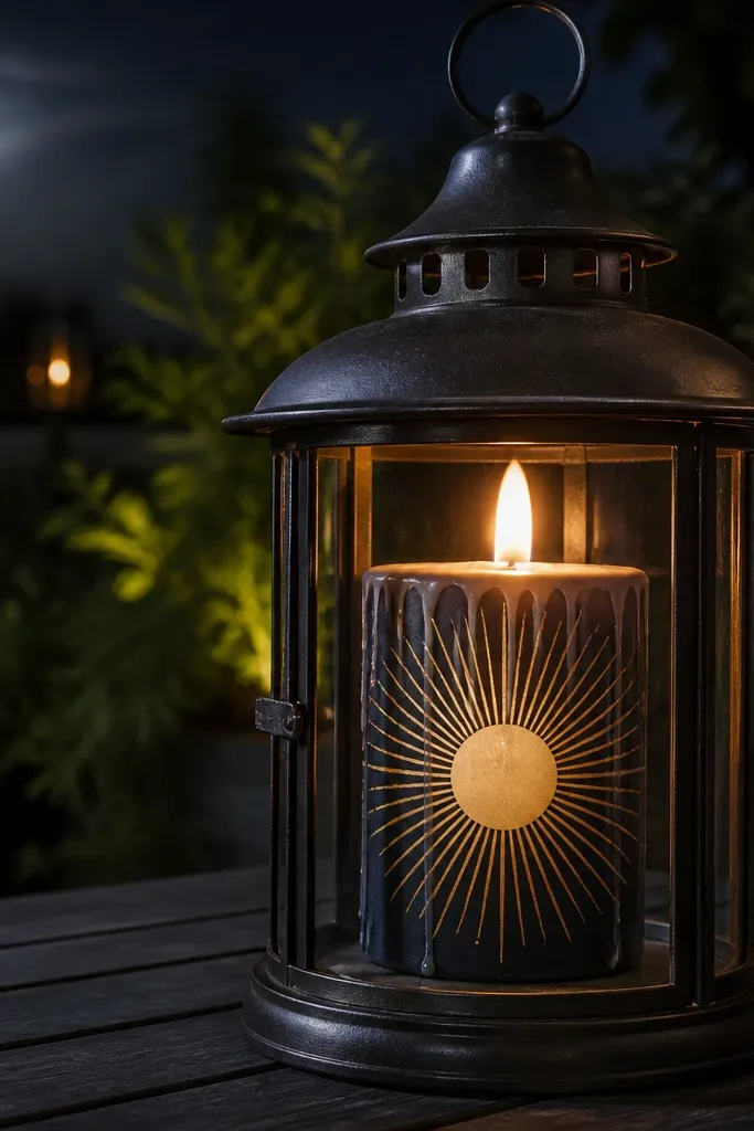 Black candle with gold rays radiating from a bright center circle