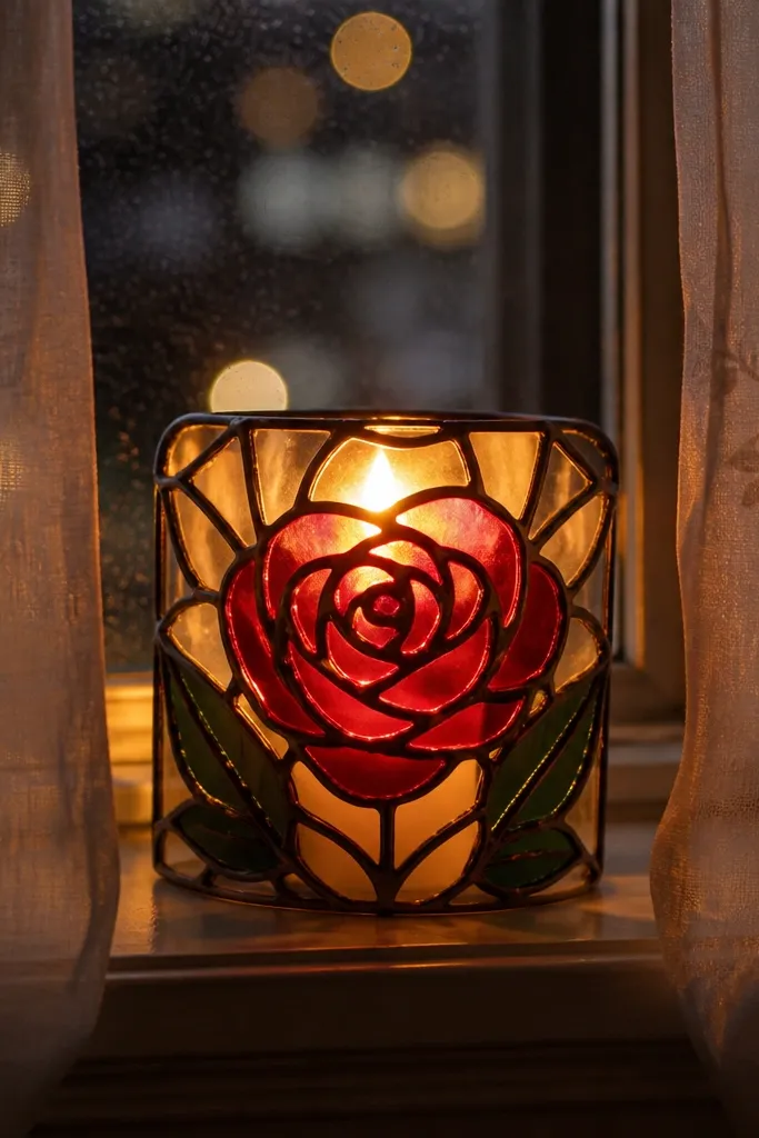 Cream candle with a red rose silhouette outlined in black and layered stained-glass colors