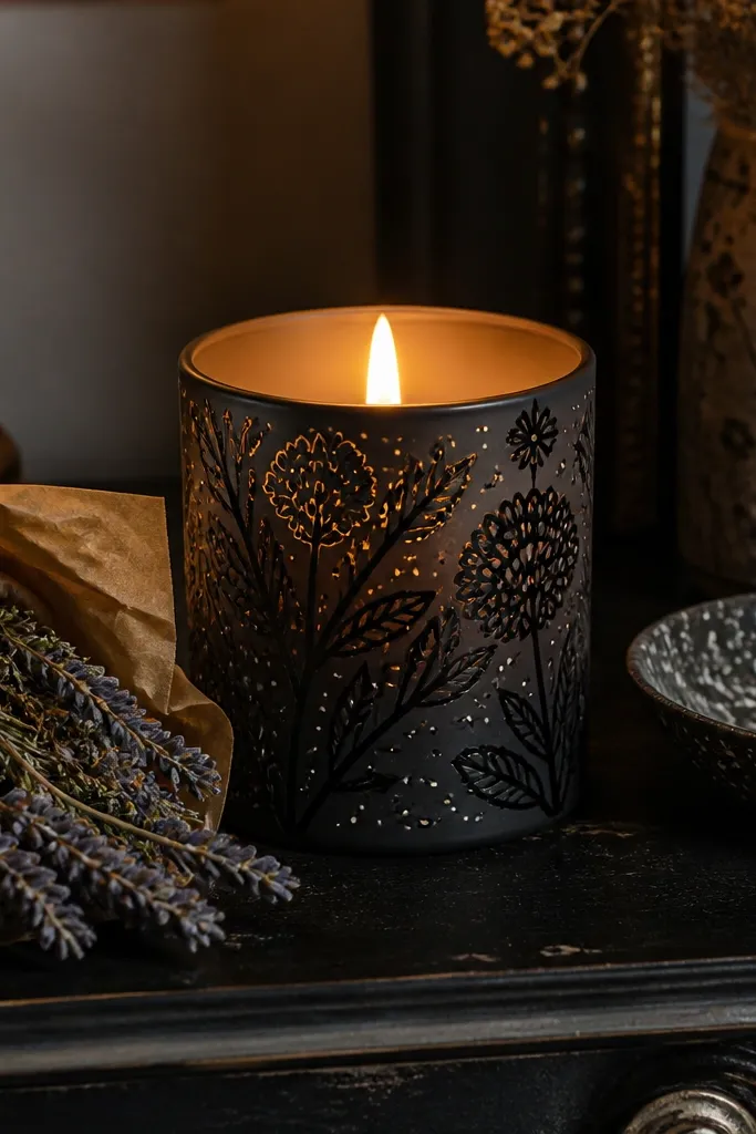Ivory candle with black line-drawn leaves and tiny white dot highlights