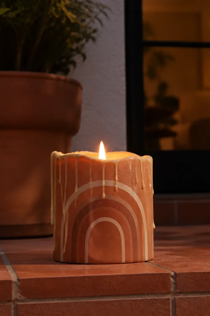 Cream candle with terracotta arch bands and thin dark line accents