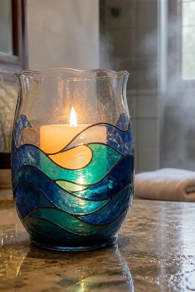White candle with blue-to-teal ombre wave shapes and darker wave edges
