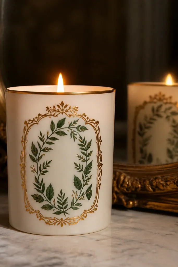 Cream candle with a gold frame border and green leaf silhouettes inside