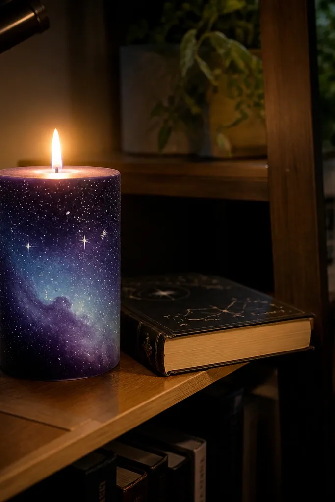 Deep purple candle with scattered white stars and a faint blue nebula cloud