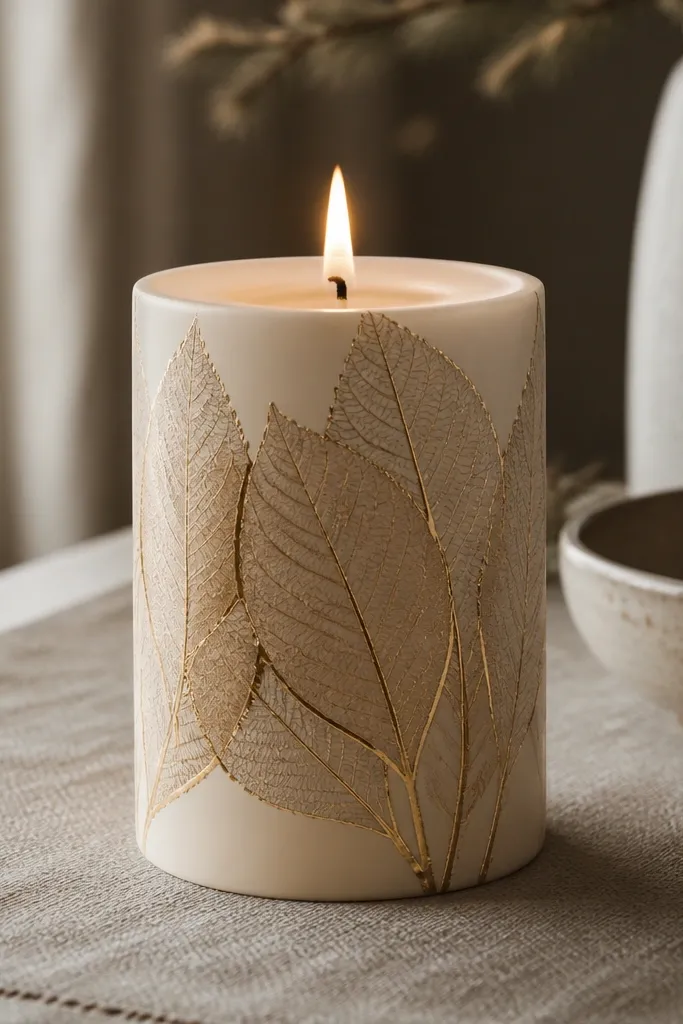 Beige candle with gold leaf silhouettes and thin gold vein lines