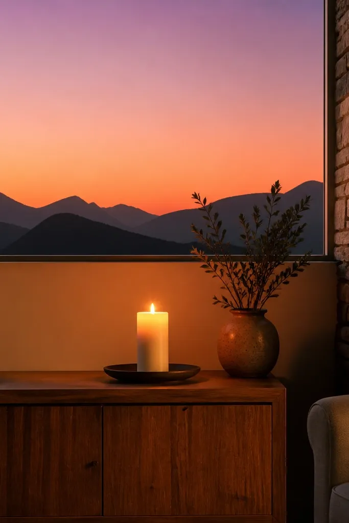 White candle with orange-pink sunset gradient and dark mountain silhouettes